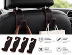 Car Headrest Hooks 4-Pack, Leather Wrapped Seat Hangers with Red Stitching | Metal Core, Holds Purses and Groceries, Universal Fit, Scratch Resistant, Space Saving, Heavy Duty