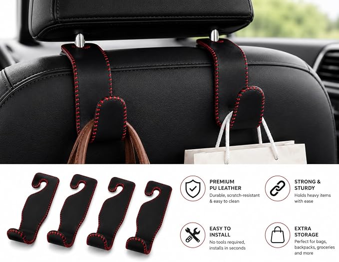 Car Headrest Hooks 4-Pack, Leather Wrapped Seat Hangers with Red Stitching | Metal Core, Holds Purses and Groceries, Universal Fit, Scratch Resistant, Space Saving, Heavy Duty