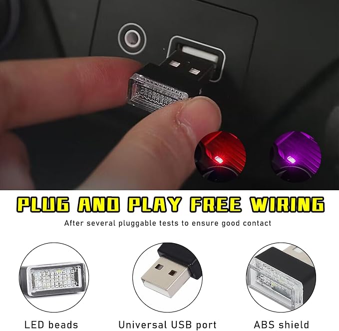 4 PCS USB LED Car Interior Atmosphere Lamp, Plug-in USB Decor Night Light, Portable Auto Ambient Lighting Kit, Universal Vehicle Interior Accessories for Most Cars (2 Red+2 Purple)