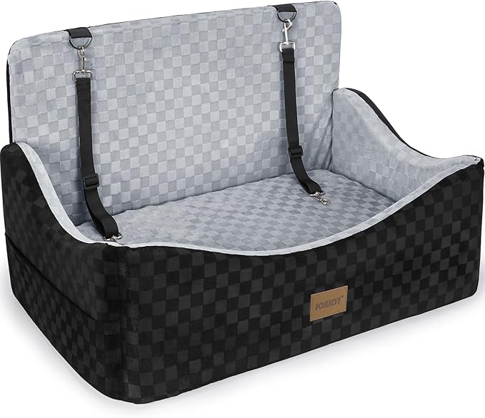 Dog Car Seat for Medium/Large Dogs - Reversible Dual-Sided Travel Dog Car Bed with Memory Foam, Washable Pet Booster Seat for Do gs up to 55 lbs or 2 Small Dogs, 2 Safety Leashes, Grey