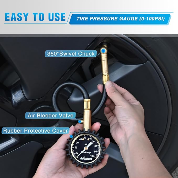 Tire Pressure Gauge 100PSI Heavy Duty Large 2" Glow Dial ANSI B40.1 Certified Air Chucks Accurate Reading with Extended Hose for Truck Semi Truck ATV Motorhome Cars & RV Accessories