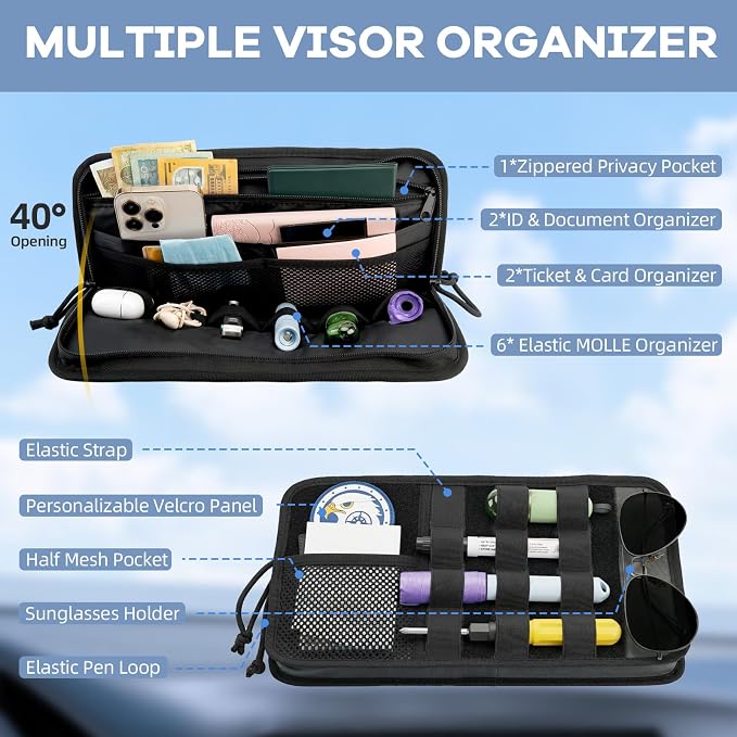 Car Sun Visor Organizer, Heavy Duty MOLLE Storage Pouch with Zipper Pockets, Elastic Straps and Glasses Clip, 1000D Nylon Tactical Visor Organizer for Car/SUV/Truck