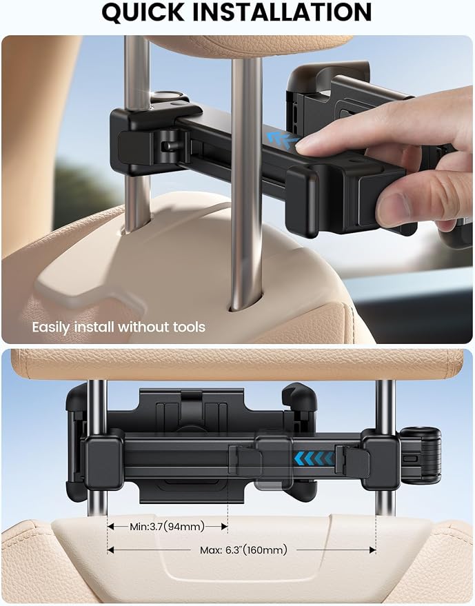 Car Headrest Tablet Holder - [Lockable] [Thick Case Friendly] [Foldable Clip] Car Backseat Tablet Mount, Gifts Car Accessories for Kids, for iPad Pro, Air, Mini, Fire HD, 4.7-13" Tablets