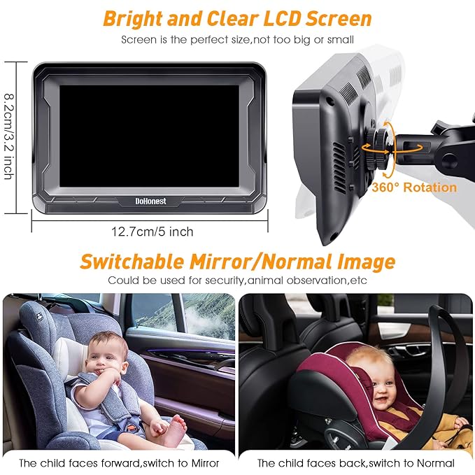Baby Car Camera HD 1080P - Rear-Facing Car Baby Monitor with Night Vision, Adjustable View Angle, Easy Setup, Anti-Glare Display, Safety for Kids & Infants