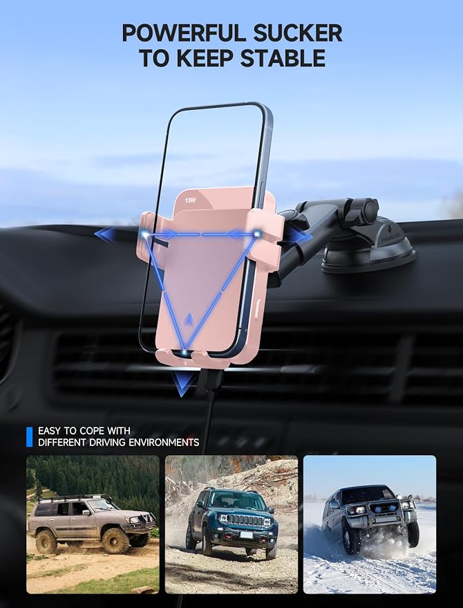 Wireless Car Charger, 15W Auto Clamping Car Charger Dash Windshield Air Vent Phone Holder Compatible with iPhone 16 15 14/13/13 Pro/12 pro/12/11/X/8, Samsung S24/S23/S22, Pink