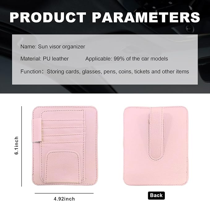 Small Leather Car Sun Visor Organizer, Multifunctional Auto Visor Document Holder with Sunglasses Clip, Universal Car Interior Organizer for Drving License, Card, Pen (Pink)