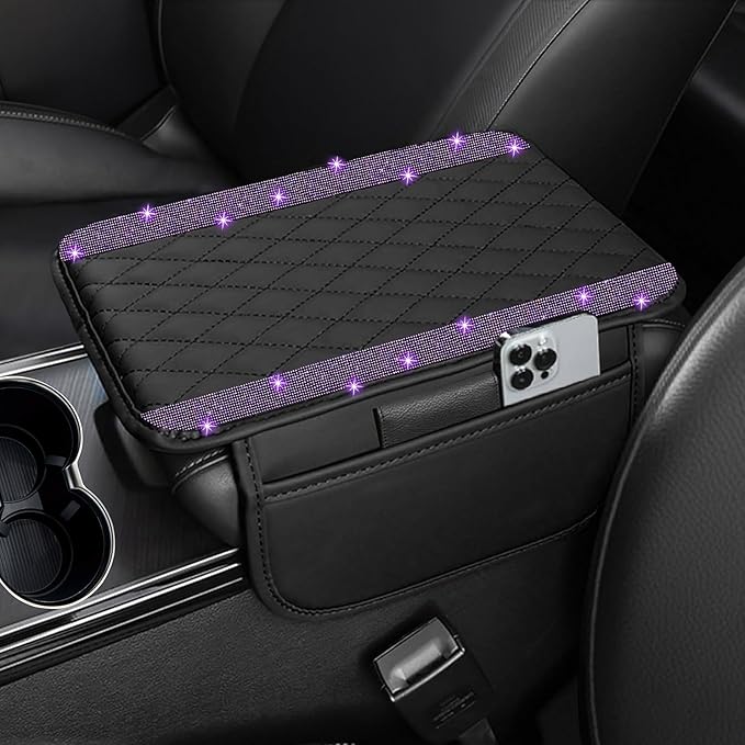 Bling Car Center Console Cover, Leather Car Arm Rest Cover Cushion with 2 Storage Bags, Universal Auto Armrest Protector Storage Box, Bling Accessories Interior for Most Vehicles (Purple)
