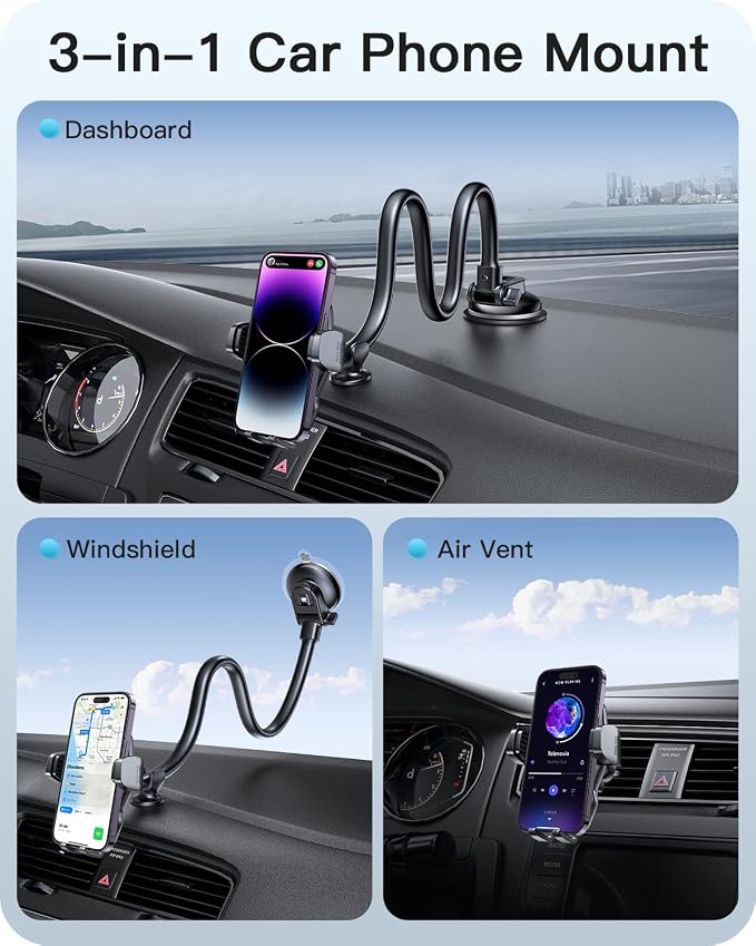 Car Phone Holder Mount Gooseneck Dashboard Windshield Suction Cup Phone Mount Anti-Shake Stabilizer Phone Car Cradle Compatible with All Cellphones & Thick Phone Case-H3S Carbon Fiber Style
