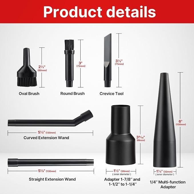 Micro Cleaning Nozzle Kit with Adapter, 1-1/4" Detailed-Cleaning Attachments for Compact Wet Dry Shop Vacuum, Storage Bag Included, 8 Pieces