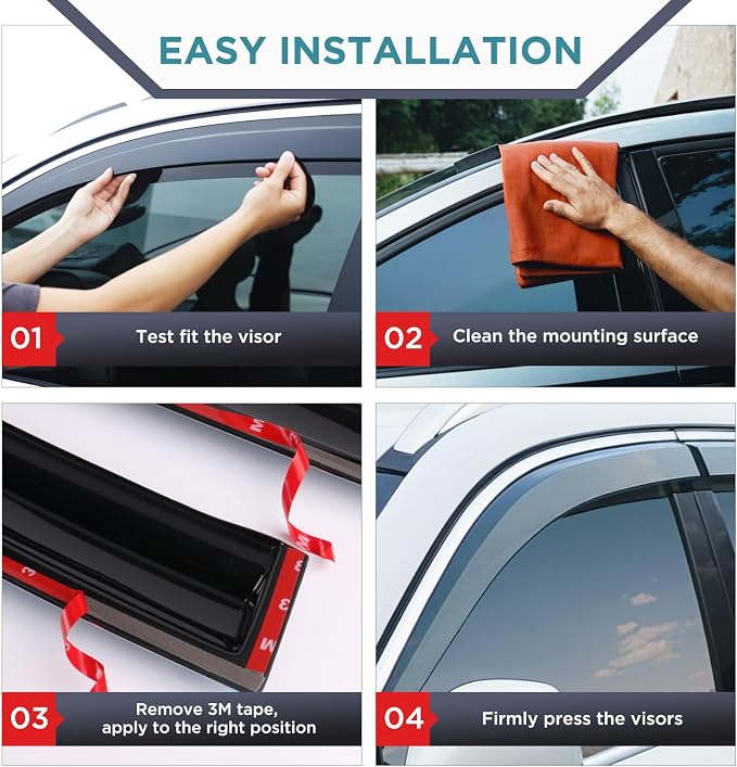 Tape On Window Visors Fits for 2008-2011 Ford Focus Sedan, Side Auto Window Wind Deflectors, Ventshade, Rain Guards for Cars/Trucks