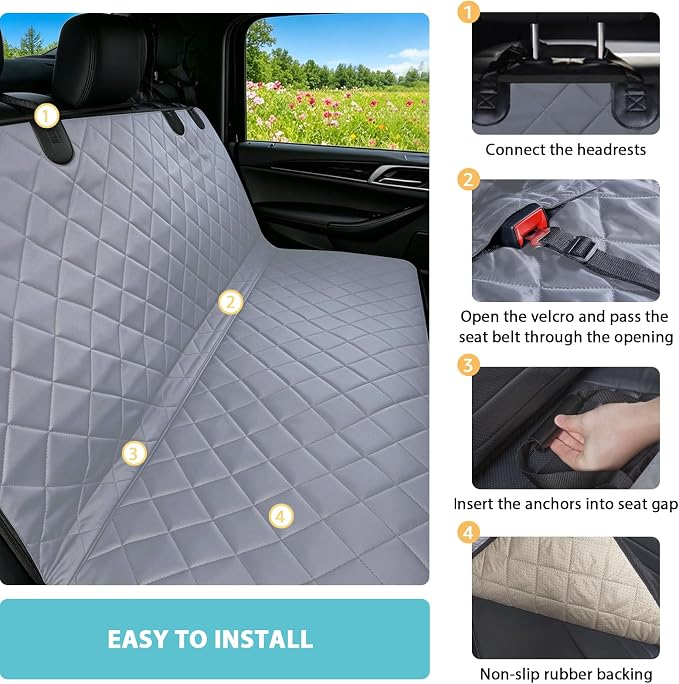 Truck Dog Seat Cover Back Seat | 100% Waterproof & Seat Belt | Pet Hammock for Car Rear Seat Protector with Mesh Window Fits Pickup Ford F-Series/Chevrolet Silverado/Ram/GMC Sierra etc(Gray)
