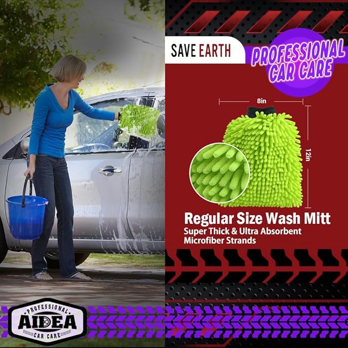 AIDEA Car Wash Mitt Microfiber, 2PK, Car Wash Brush, 8' X12'' | Scratch Free Lint-Free, Premium Chenille Microfiber Mitt, Extra Large Size, Green & Blue