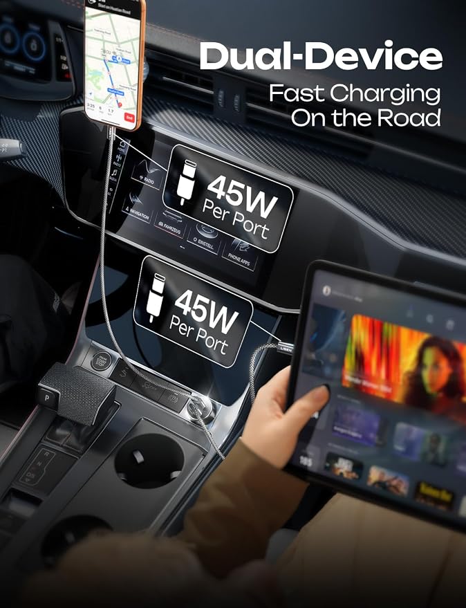 90W Car Charger USB C Fast Charge, USB C Car Charger Fast Charge, Type C Car Charger for iPhone 17 Pro Max 16 15 14 13 12 11, for Samsung S26 S25 S24 [with Lighning & USB-C Cable]