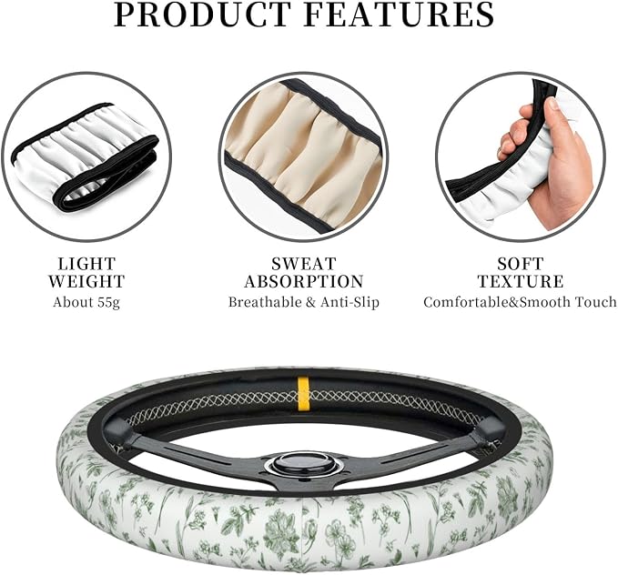 Vintage Green Flower Steering Wheel Cover Women