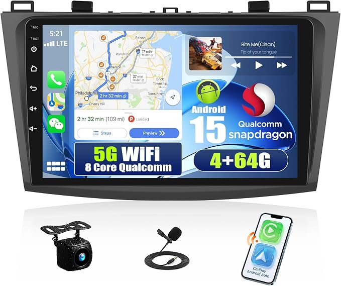[4+64G] 8-Core Qualcomm Android 15 Car Radio Stereo for Mazda 3 2009-2013 | 9 Inch Car Radio with Wireless Carplay&Android Auto Mirror Link Bluetooth 5.1 FM/RDS DSP WiFi GPS SWC