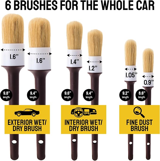 Car Detailing Brush Set 9-Pack with Tire and Wheel Brushes - | 6-pc Scratch-Free Interior Boars Hair Brushes - 1-pc Exterior Tire Brush, Tire Dressing Applicator and Wheel Brush