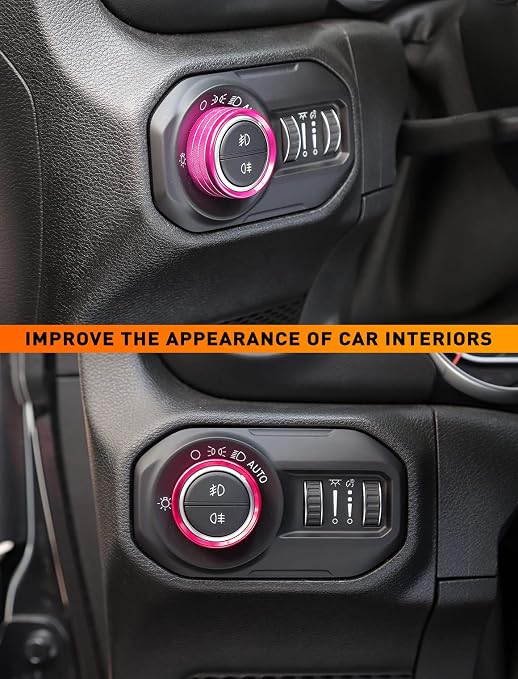 Climate Control Panel Knob Trim Kit & Light Control Switch Cover, Air Conditioner Knob Aluminum Alloy Ring for 2018-2024 Jeep Wrangler JL JLU & Gladiator JT, Interior Accessories, Pink