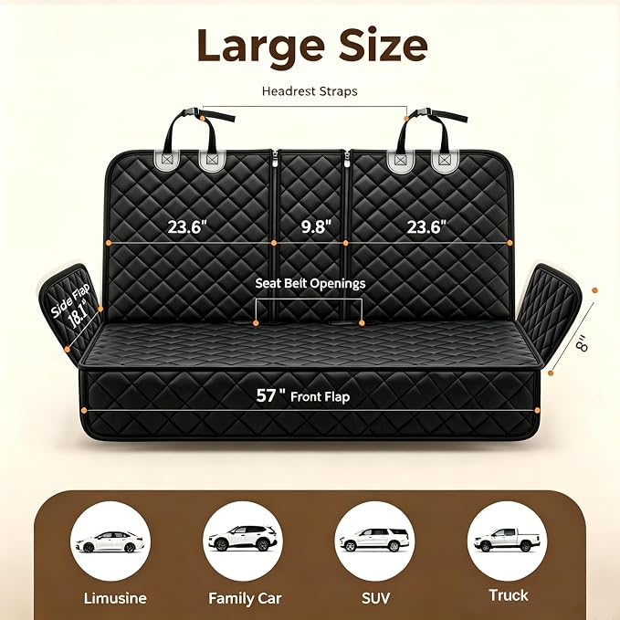Pet Car Seat Cover Back Seat Cover for Dogs Waterproof Dog Car Seat Cover Protector Scratchproof Durable Rear Seat Cover fits Middle Armrest for Cars Suvs Truck (57” Width) - Black