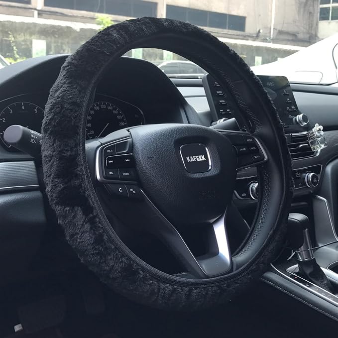 Elastic Long Microfiber Plush Steering Wheel Cover for Winter Warm, Universal 15 inch, Anti-Slip, Odorless, Black