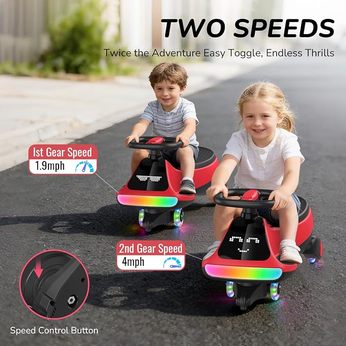 12V Electric Wiggle Car for Kids with Pedal, Display, Rechargeable Battery, LED Light, Bluetooth, Light-Up Wheels, Anti-Rollover, 2 Speeds, Ride on Toys, Birthday Gifts for Age 3+, 150Lbs