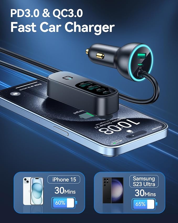 105W 6-Port Multiport Car Charger, PD Fast USB C Car Charger for Multiple Devices,Cigarette Lighter Adapter Car Travel Essentials for Road Trips with 5FT Cable,Car Accessories for iPhone 17/16