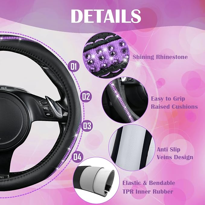 Bling Diamond Black Leather Steering Wheel Cover, Studded Crystal Rhinestones Universal Fit 14" 1/2-15" Glitter for Women Sparkle Girl Fit Suvs,Vans,Sedans,Car,Trucks, Purple Diamond