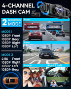 N5 4 Channel Dash Cam 360° View, 1080P Front and Rear Inside, Left Right Dash Camera for Cars, 8 IR Lamps Night Vision, 5G WiFi & APP Control, G-Sensor, Parking Mode, with a Free 128GB SD Card