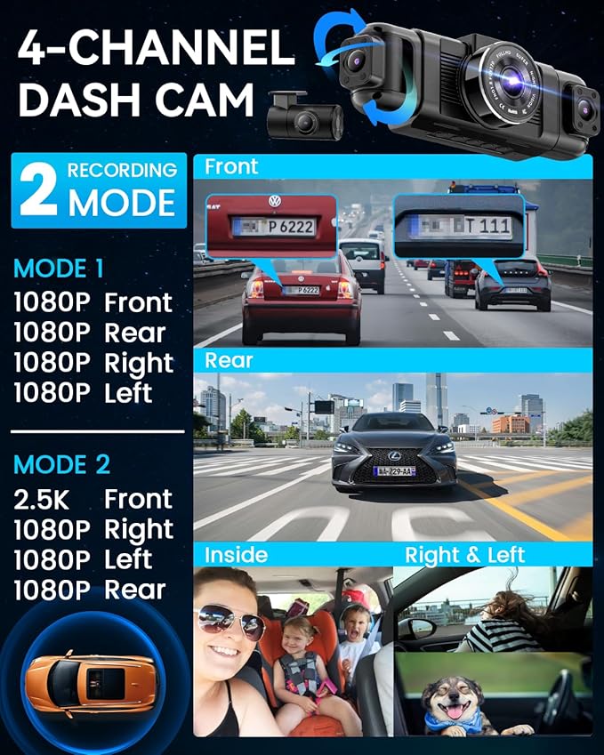 N5 4 Channel Dash Cam 360° View, 1080P Front and Rear Inside, Left Right Dash Camera for Cars, 8 IR Lamps Night Vision, 5G WiFi & APP Control, G-Sensor, Parking Mode, with a Free 128GB SD Card