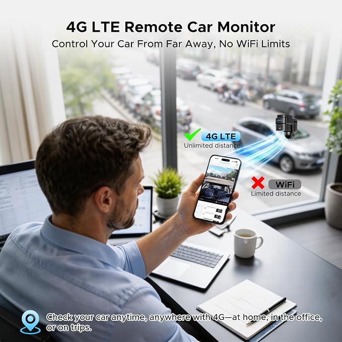 LAMTTO 4G LTE Wireless Dash Cam Front and Inside, Remote Live View Car Security Camera, Dual Dashcam with Radar Sentry Parking Monitor, Anti-Theft GPS Tracking for Vandalism, Fleet & Teen Safety