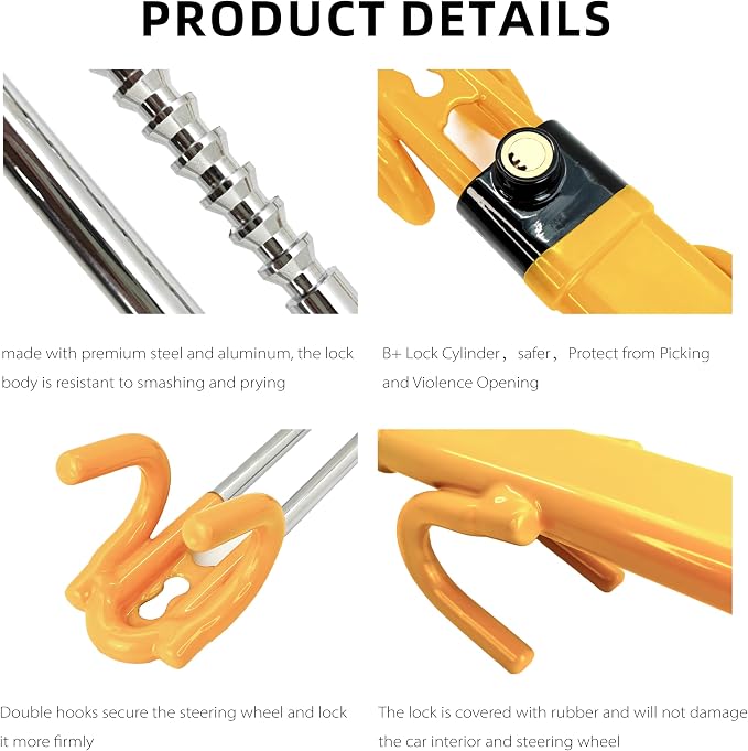 Steering Wheel Lock for car Universal Adjustable Length Anti-Theft Device Car Locks Double Hook Locks for Car SUV Pickup Truck Van(Yellow)