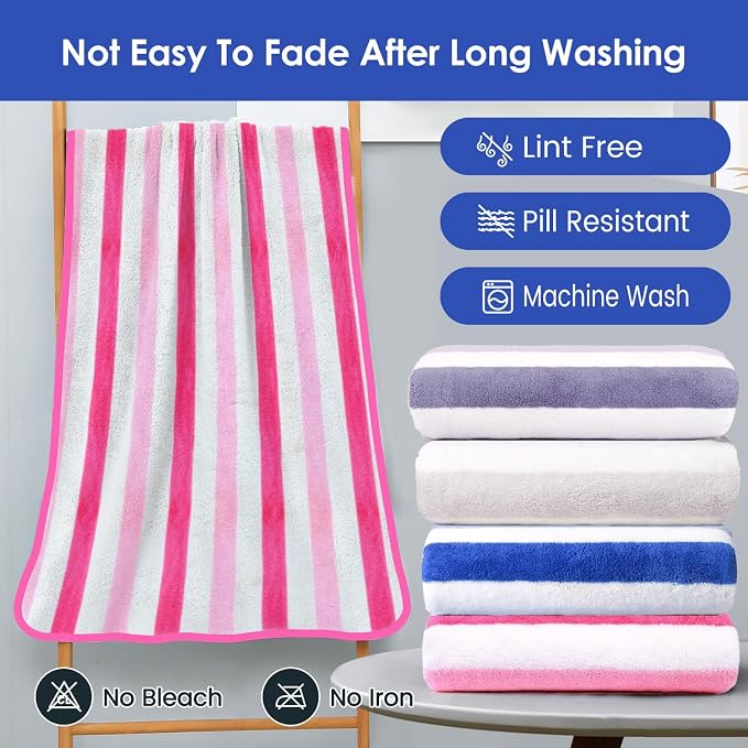 Microfiber Bath Towels,2 Pack(30" x 60"), Oversized, Soft, Super Absorbent, Fast Drying, Large Beach Towel Set for Sauna, Salon, Sports, Fitness, Yoga, Cabana Stripe Pink