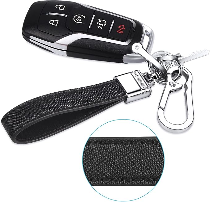 Genuine Leather Car Keychain,Universal Heavy Duty Metal Key Chain Accessories,Car Fob Key Keychain Holder with 360 Degree Rotatable Snap Swivel and Anti-Lost D-Ring for Men Women(Black)