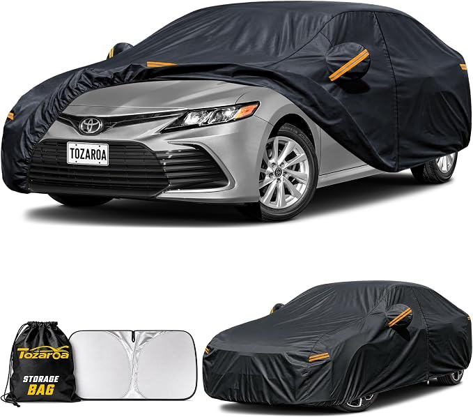 Car Cover Custom Fit for Toyota Camry Waterproof All Weather,Outdoor Full Exterior Automobiles Snow Covers with Windshield Sun Shade and Breathable Vents,Driver Door Zipper & Storage Bag Black