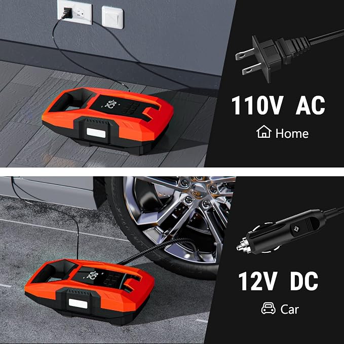 AC/DC Tire Inflator Portable Air Compressor, Dual Power for Home 110V AC and Car 12V DC Air Pump with Pressure Gauge, Auto Shutoff, Tire Pump for Car Motorcycle Bike and Other Inflatables, Red