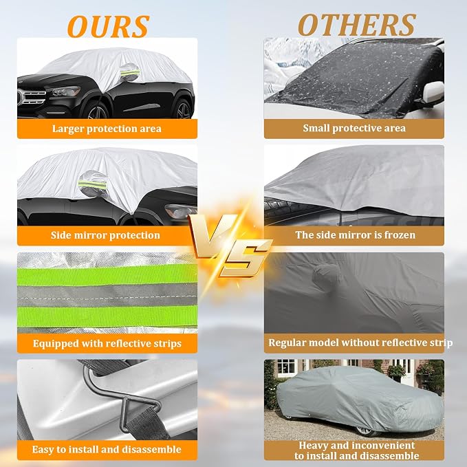 Half Car Cover for Windshield Ice & Snow - Windshield Snow Cover with Hail Protector, All-Weather Car Cover Fit for Cars & SUVs with Reflective Straps (Sedan)