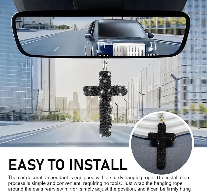 Bling Cross Car Mirror Hanging Accessories, Crystal Rhinestone Rear View Mirror Pendant, Religious Rearview Mirrors Decoration Charm, Car Hanging Ornament, Auto Interior Accessories (Black)