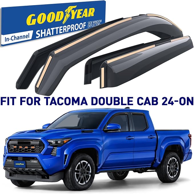 Goodyear Shatterproof in-Channel Window Deflectors for Toyota Tacoma 2024-2026 Double Cab, Rain Guards, Window Visors for Cars, Vent Deflector, Car Accessories, 4 pcs - GY008050