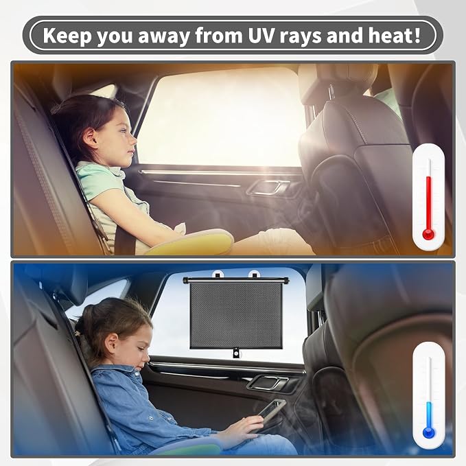 Car Window Shade for Side Windows, 2 Pack Sun Shade Retractable for Car Blocks Heat and UV Rays Glare Protection Roller Sunshade Visor for Baby, Kids, Pets, Passengers