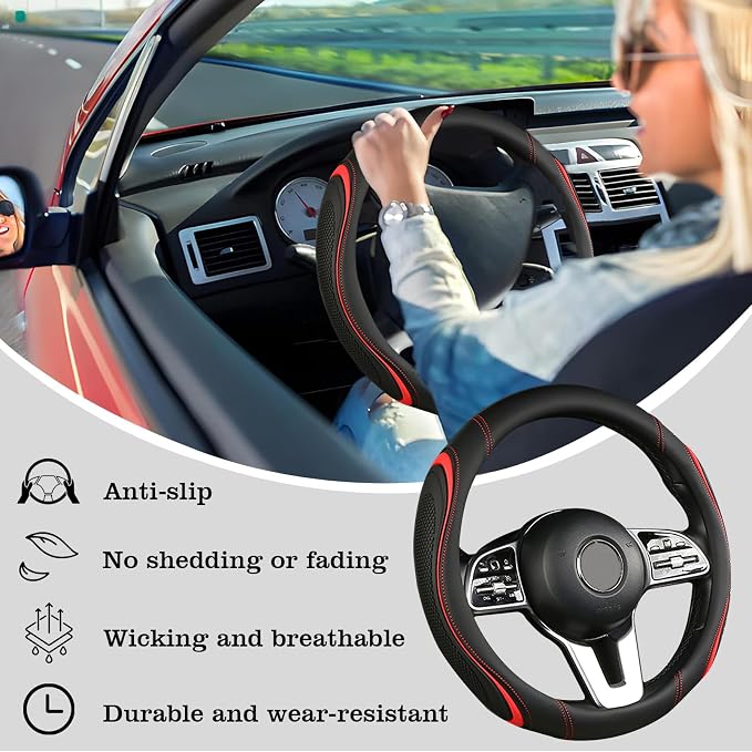 Leather Splicing Black Red Car Steering Wheel Cover,14.5-15 Inch Universal Microfiber Leather Covers Breathable Anti-Slip Odorless Steering Wheels Accessories for Men Women