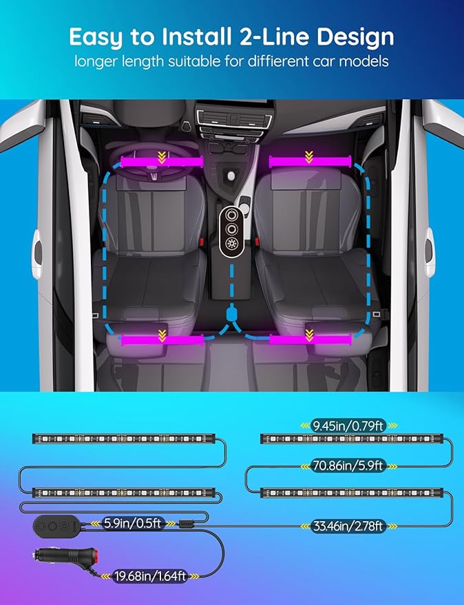 Car LED Lights, RGB Smart Car Interior Lights, App Control | DIY Mode and Music Mode, 2 Lines Design LED Lights for Cars with Car Charger, 12V