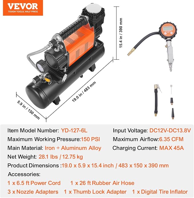 12V Heavy Duty Air Compressor with 6L Tank Kit, 6.35 CFM Portable Tire Inflator, 150PSI Offroad Air Compressor with Digital Pressure Gauge Tire Inflator for Trucks Car SUV 4 x 4 Vehicle RV