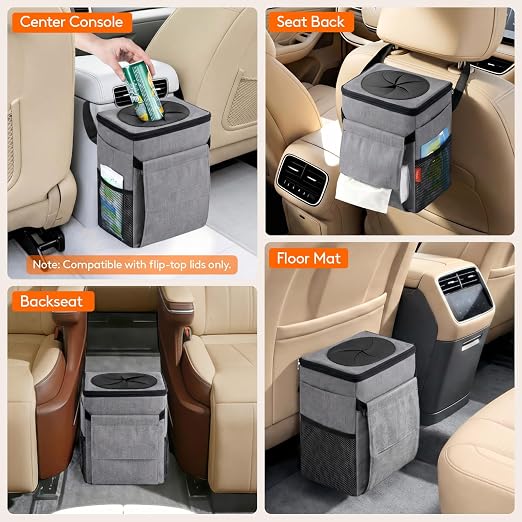 Car Trash Can with Lid and Tissue Holder, Leak-Proof Waterproof Automotive Garbage Cans, Car Accessory Interior, Trash Bin for the Back/Front/Console of Car, 2 Gallons, Grey