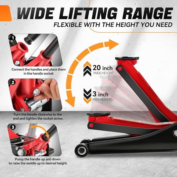 3 Ton Low Profile Floor Jack, Heavy Duty Steel Hydraulic Car Jack with Dual Pistons Quick Lift Pump, Hydraulic Racing Floor Jack, Lifting Range 3" to 20", Black/Red