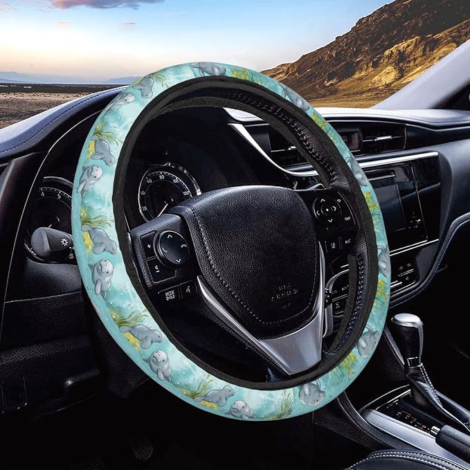 Cartoon Florida Manatee Mother and Baby Steering Wheel Covers Anti-Slip Elasticity Car Accessories Steering Wheel Protector Universal 15 Inch for Cars SUV Vehicle Truck