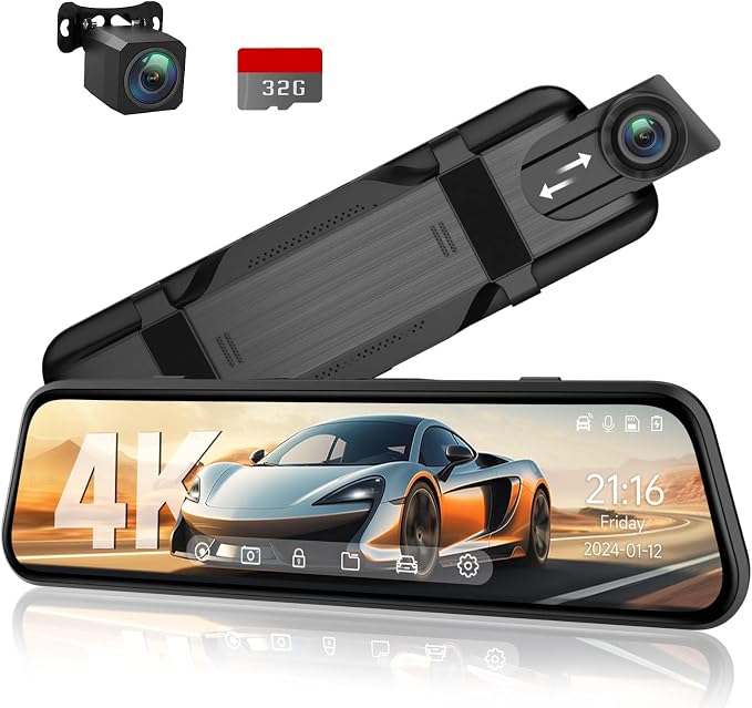 4K Rear View Mirror Camera, 10'' 4K Mirror Dash Cam with 1080P Backup Camera, Dash Cam Front and Rear for Car with Voice Control, 24H Parking Mode, Night Vision, 32GB SD Card Included