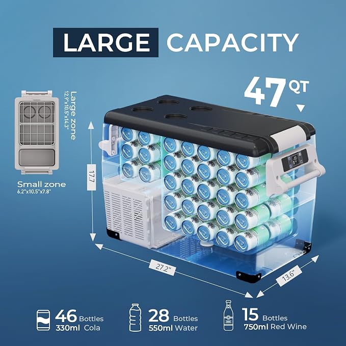 12 Volt Refrigerator, 47QT Electric Cooler, 12V Fridge APP Control, 12V Cooler -4℉~68℉, Portable Freezer 12/24V DC 100-240V AC for Camping, Travel, Truck, Home