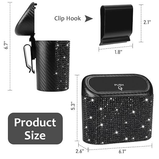 Bling Car Trash Can with Lid, Mini Vehicle Trash Bin, Car Dustbin Garbage Organizer with 60 Trash Bag, Leakproof Auto Storage Bag Container for Car, Home, Office (Carbon Fiber&Black Rhinestone)