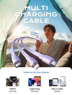 3 in 1 Retractable Car & iPhone Charger Cord, Type C/L/Micro USB for iPhone/Samsung/PS/Kindle, Purple