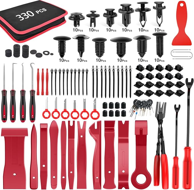 330Pcs Trim Removal Tool, Auto Push Pin Bumper Retainer Clip Set Fastener Terminal Remover Tool Adhesive Cable Clips Pry Kit Car Panel Radio Removal Auto Clip Pliers, Red