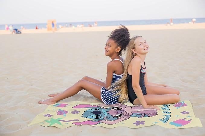 Kids Beach Towel - 100% Cotton Super Soft Absorbent Bath Towel, 28" x 58" Inch Lightweight for Travel, Official Licensed Product, Yellow - Lilo and Stitch